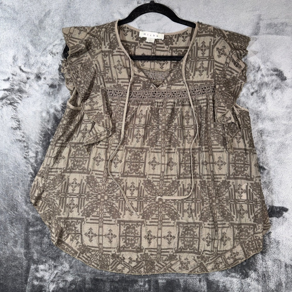 Hiche Boho Embroidered Flutter Sleeve‎ Top Cotton Silk Brown Small